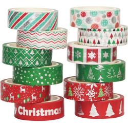 Kerst Washi Tape - Design 1 | 12 rollen | Masking Tape | Decoratie | Feestdagen | Kerstmis | Creativiteit | Cadeaus